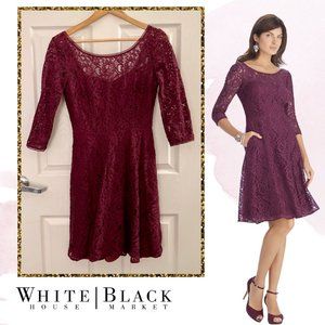 White House Black Market 3/4 Sleeve Maroon Lace Fit and Flare Dress